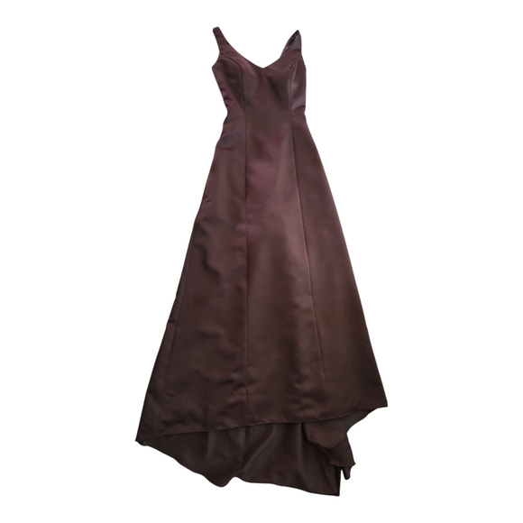 Jordan Fashions Brown Satin Evening Gown Size 0 Formal Prom Dress High-Low Back - Picture 1 of 10